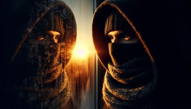 A dark figure in a deep hood and wrapped scarf stands before a sunset window, only the eyes catching the golden glow visible, the rest of the face hidden in shadow, Ai generated image