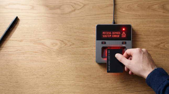 Hand swiping security card into reader showing access denied message
