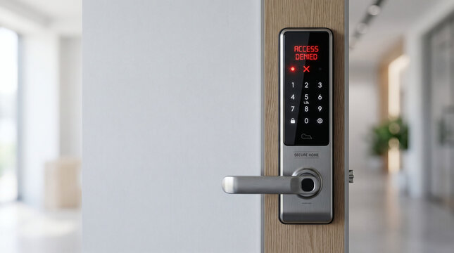 Modern smart door lock with access denied red notification