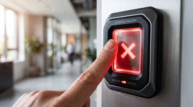 Finger pressing biometric scanner showing access denied at office door