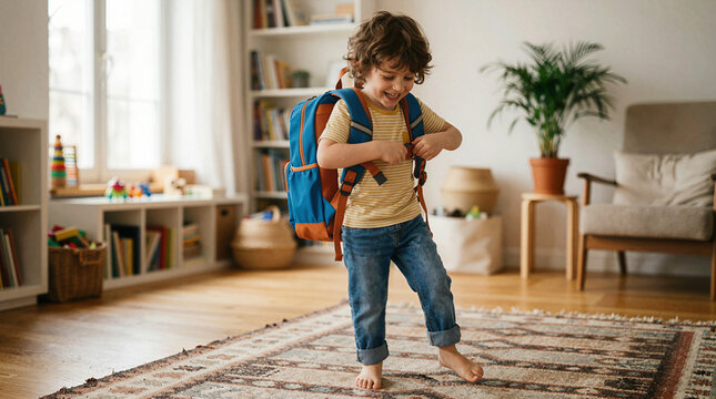 Happy young boy getting ready for school with his backpack