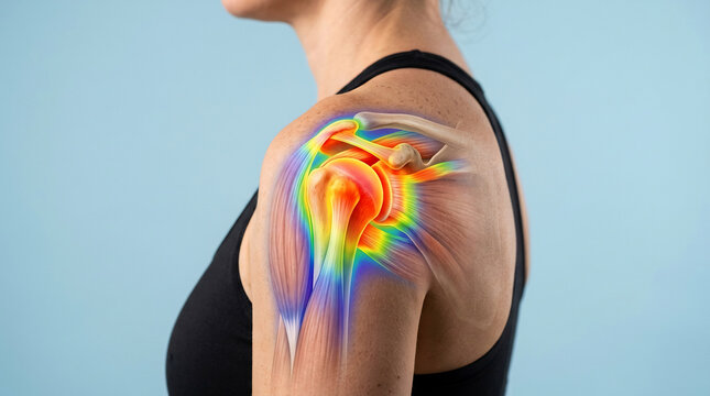 Medical 3D illustration of a human shoulder joint with thermal heat