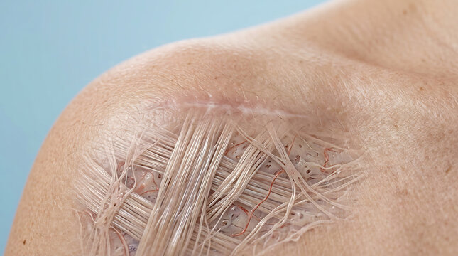 Close-up 3D render of human shoulder skin structure showing collagen