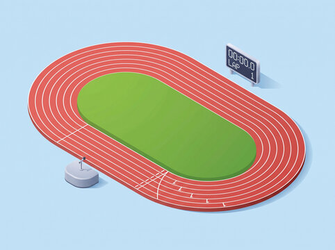 Isometric red running track with a digital scoreboard