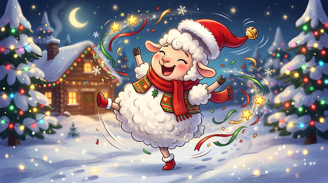 A joyful cartoon Christmas sheep dancing with its tiny hooves raised, eyes closed and mouth open in laughter, fluffy wool bouncing dramatically, red Santa hat flying slightly sideways, colorful ribbon