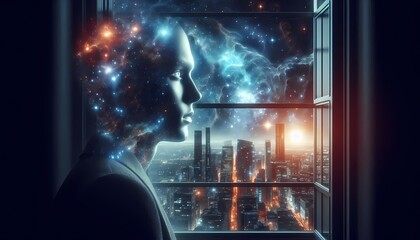 Fototapeta premium A person stands at a window expecting a city view, but the reflection and the view outside show deep space, stars, and a glowing nebula instead of buildings, surreal cosmic scene, Ai generated image