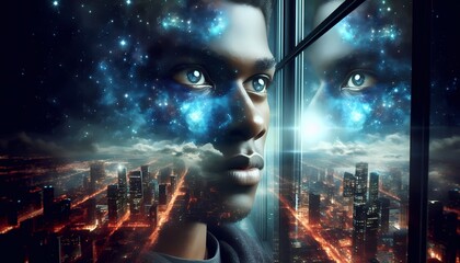 Fototapeta premium A person stands at a window expecting a city view, but the reflection and the view outside show deep space, stars, and a glowing nebula instead of buildings, surreal cosmic scene, Ai generated image