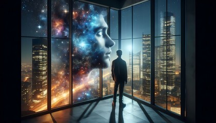 Fototapeta premium A person stands at a window expecting a city view, but the reflection and the view outside show deep space, stars, and a glowing nebula instead of buildings, surreal cosmic scene, Ai generated image