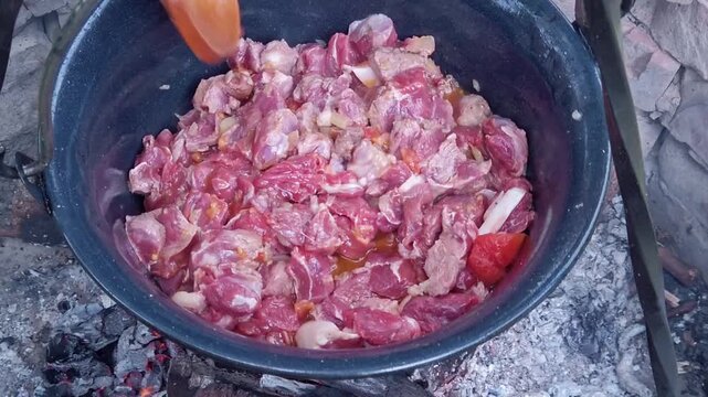 Hungarian goulash stew with beef, paprika, onion and tomato simmering in a cauldron over a wood fire during outdoor campfire cooking in a rustic Eastern Europe setting.