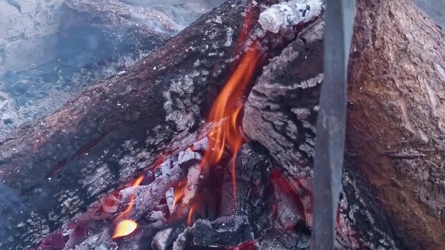 Campfire with burning logs, glowing embers and smoke in a rustic outdoor fire pit for cooking and barbecue, close-up view of hot coals and flames in nature.