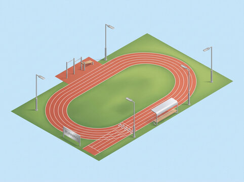 Isometric red running track with a digital scoreboard