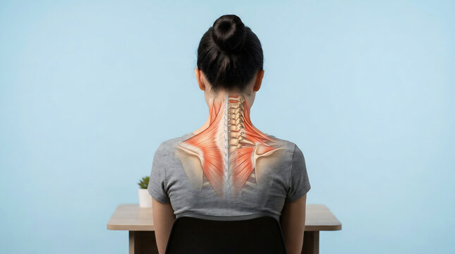 Anatomical illustration of cervical spine and upper back muscles on