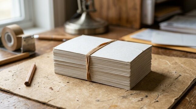 Reminder postcard stack tied with a rubber band resting on a mailing desk