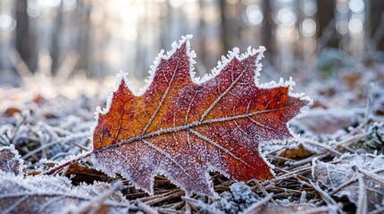 Fototapeta premium Frosty Autumn Oak Leaf on Forest Floor with Sunlight.
