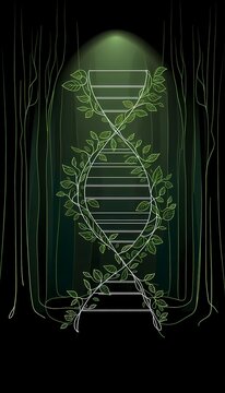 A monoline minimalist vector of a DNA double helix constructed entirely from intertwining green vines, leaves, and thin roots without any chemical symbols, Ai generated image