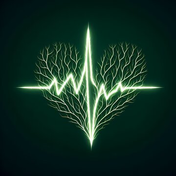 A thin high-contrast line vector of a classic ECG heartbeat line that gradually transforms into branching leaf veins as it moves from left to right across a deep green background, Ai generated image