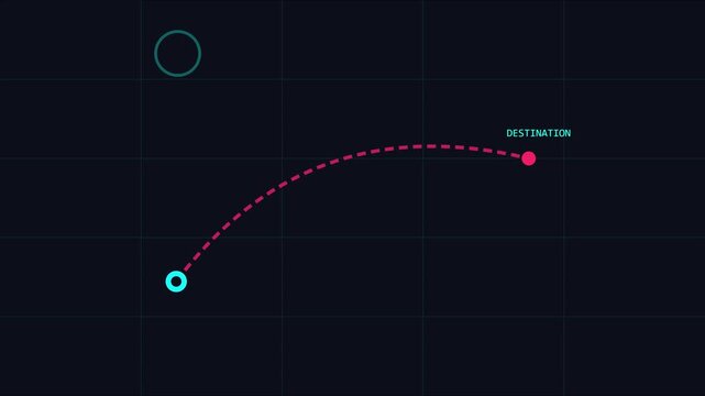Animated path line connecting origin to destination point on digital grid animation 4k background connection