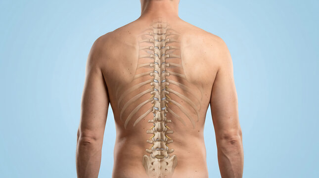 Human male back with transparent anatomical overlay of the healthy