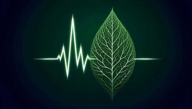 A thin high-contrast line vector of a classic ECG heartbeat line that gradually transforms into branching leaf veins as it moves from left to right across a deep green background, Ai generated image