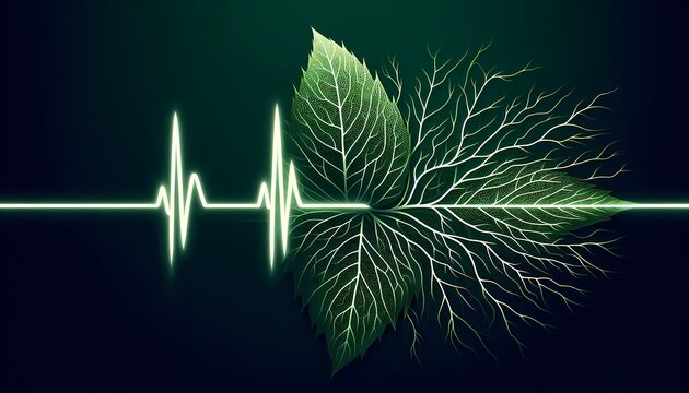 A thin high-contrast line vector of a classic ECG heartbeat line that gradually transforms into branching leaf veins as it moves from left to right across a deep green background, Ai generated image