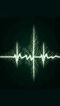 A thin high-contrast line vector of a classic ECG heartbeat line that gradually transforms into branching leaf veins as it moves from left to right across a deep green background, Ai generated image