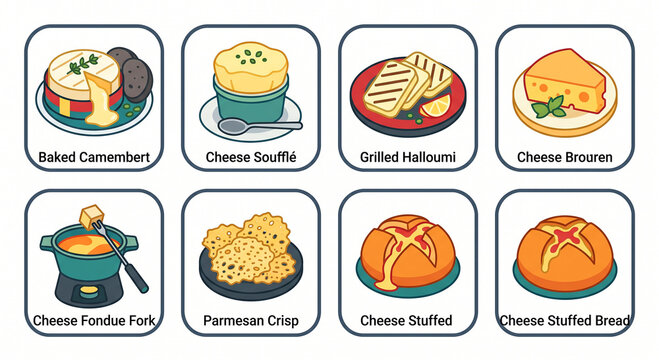 Gourmet Cheese Dishes and Fondue Flat Vector Icon Set
