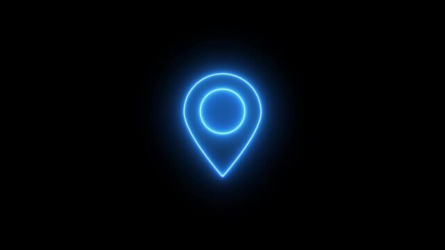 Glowing blue neon map pin animation on black background, for location and, navigation location neon, blue light 4k Stock video.