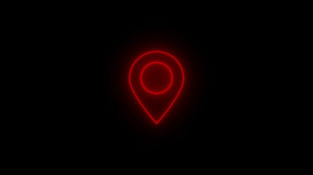Glowing red neon map pin pulsing on black background, for location and, navigation concepts 4k Stock video.