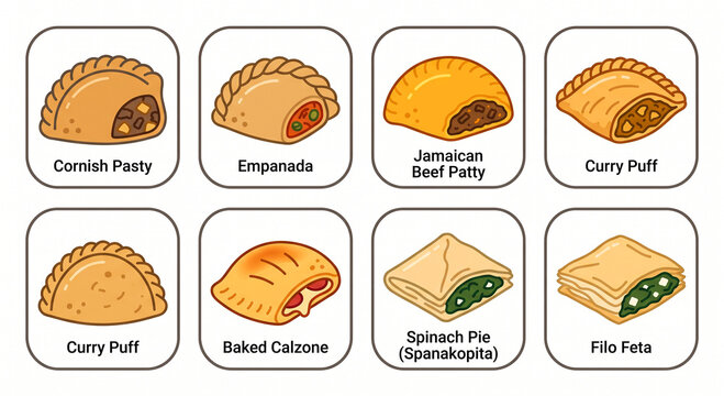 Savory Baked Pastries and Empanadas Flat Vector Icon Set
