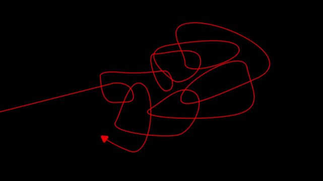 Red scribble arrow path animation on black background, hand-drawn doodle motion 4k Stock video.