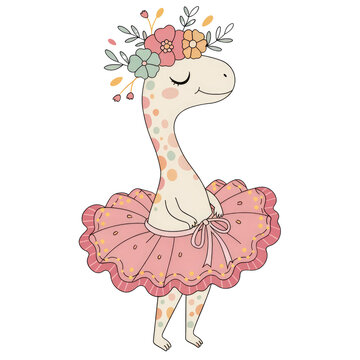 Cute Cartoon Giraffe Ballerina Wearing Pink Tutu and Floral Crown Illustration on Transparent Background