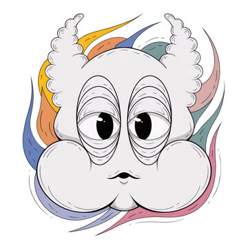 Cute Cartoon Cloud Character With Expressive Eyes and Colorful Rainbow Swirls on Transparent Background