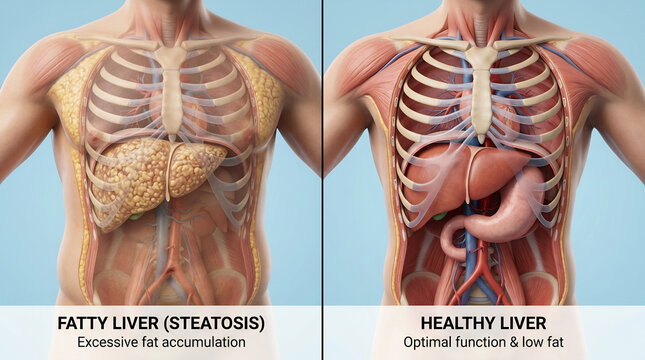 Split-screen medical illustration comparing a fatty liver with