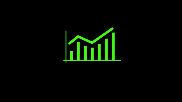 Green neon financial bar chart and line graph animation on black background, for business data analysis