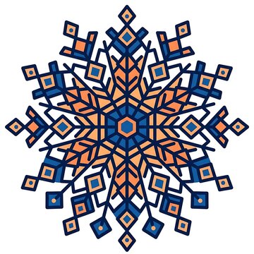 Intricate Snowflake Design with Geometric Patterns in Blue and Orange Tones