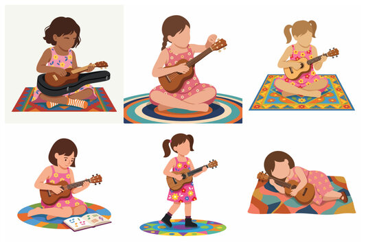 Vector illustration set of a young girl learning and playing the ukulele in different poses