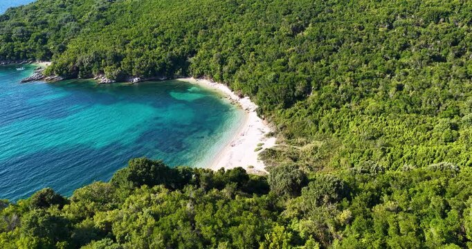 Aerial drone shot of a hidden secluded beach cove surrounded by lush green forest and crystal clear turquoise water in Avlaki Corfu Greece.