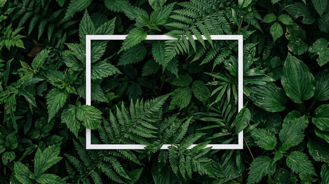 Creative Layout with White Square Frame Over Lush Green Fern Leaves and Tropical Foliage Background