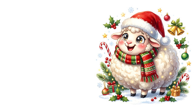 An irresistibly cute fully cartoon Christmas sheep with an oversized rounded fluffy body, short chubby legs, tiny hooves, huge expressive sparkling eyes, rosy cheeks and an exaggerated joyful emotiona