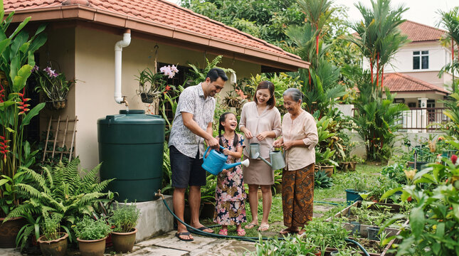 A multigenerational family tending to their garden, the father assisting his daughter with watering plants from a rain barrel, while the mother and grandmother look on fondly.
