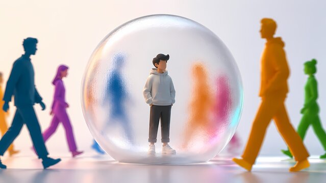 Introverted Boy Isolated in Bubble Social Anxiety Concept