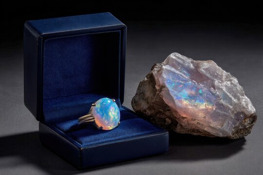 Opal ring and rough gemstone display
