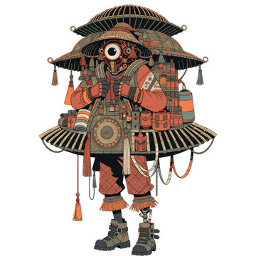 Detailed Pixel Art Character With Oversized Hat and Ornate Armor Carrying Various Items on Transparent Background