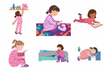 Set of illustrations of young girls in pajamas writing, locking, and hiding their secret diaries.