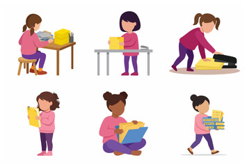 Fototapeta premium Set of Flat Vector Illustrations of Young Girls Performing Office Tasks and Filing Papers, Child Labor Concept