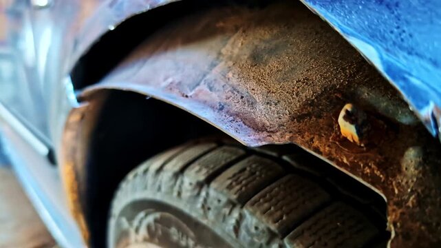 Close-up of a rusty, corroded wheel arch on an old blue car needing body repair