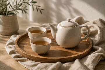 Fototapeta premium Ceramic teapot and teacups set on wooden tray with linen fabric