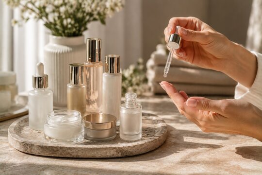 Woman applying facial serum dropper during skincare routine in sunlight
