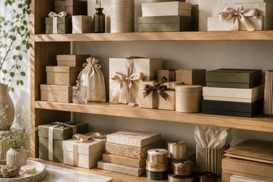 Wooden shelves filled with wrapped craft gift boxes and ribbon rolls