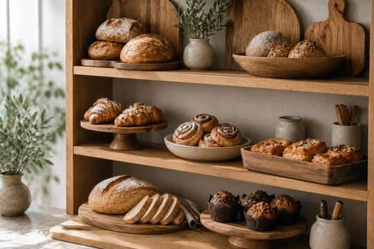 Bakery wooden shelves display filled with fresh sourdough bread and pastries